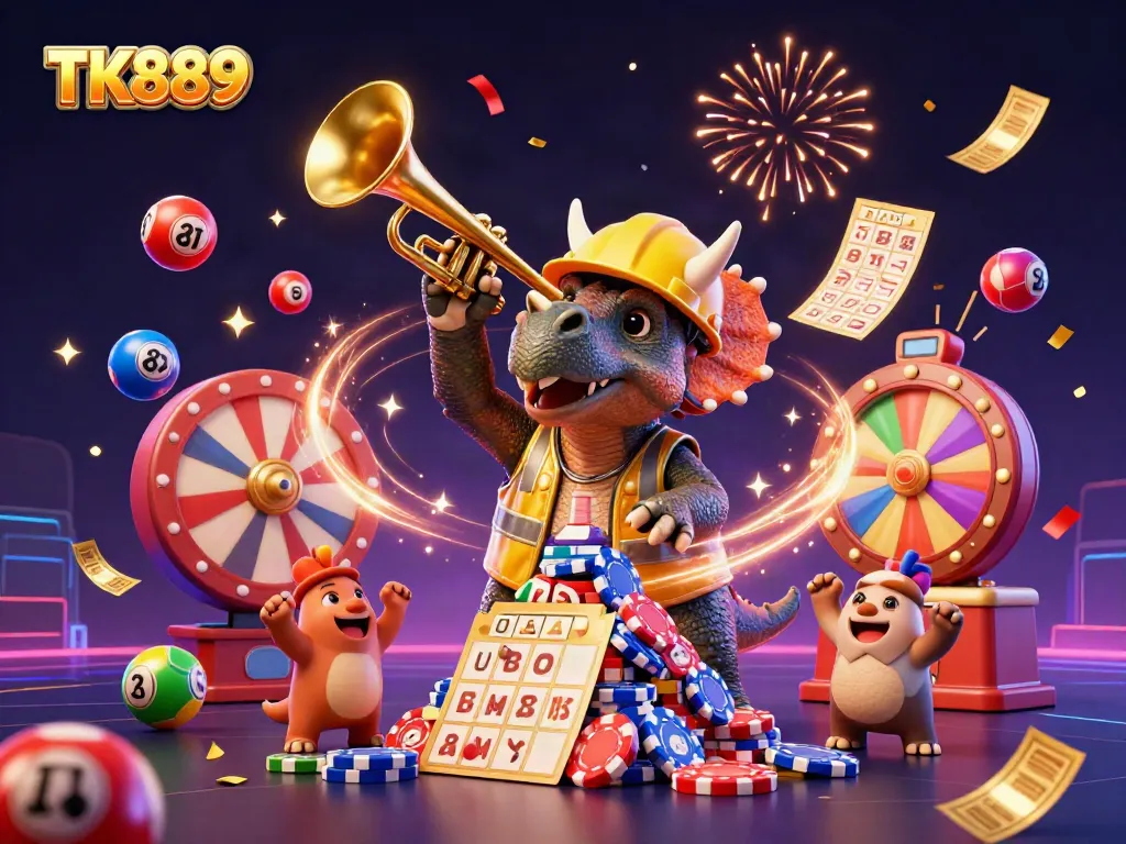 TK889 gaming scene with a triceratops building poker chip pyramids amidst lottery balls and confetti.