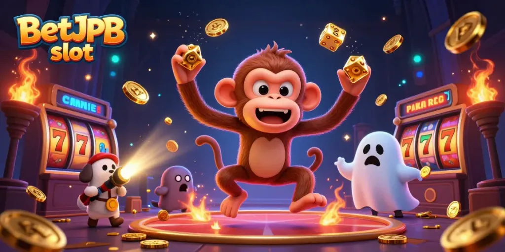 Engage in thrilling BetJDB slot action with a lively ghost-hunter puppy tracking a mischievous poltergeist monkey amidst golden casino treasures.