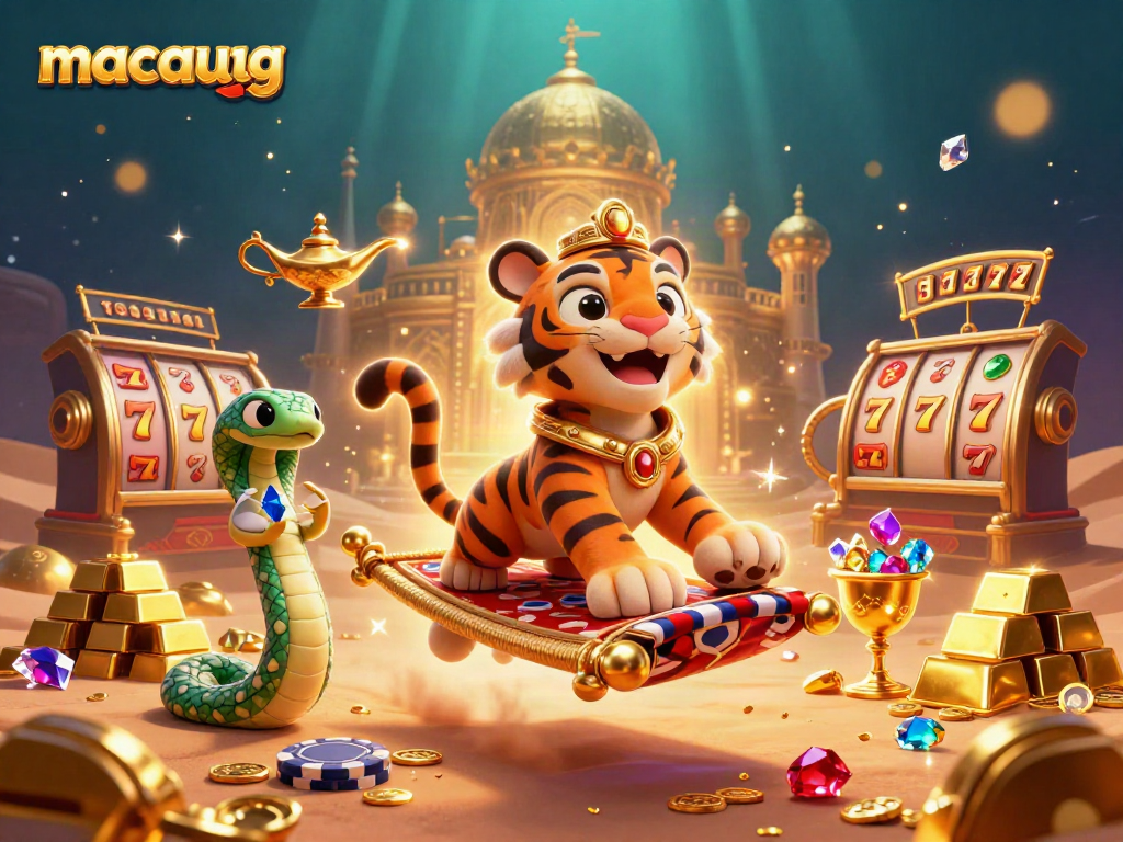 Engage with thrilling results at macaugg, featuring a vibrant Arabian Nights casino scene filled with slot game symbols.
