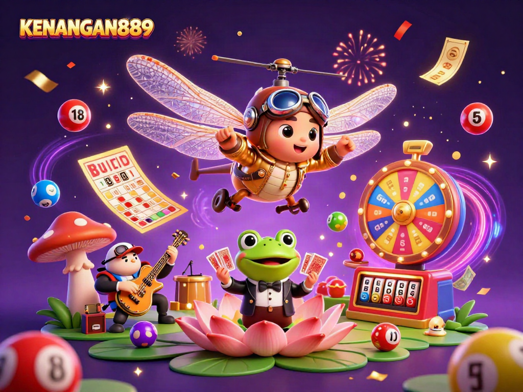 KENANGAN889 showcases a vibrant casino scene with a dragonfly pilot and frog dealer.