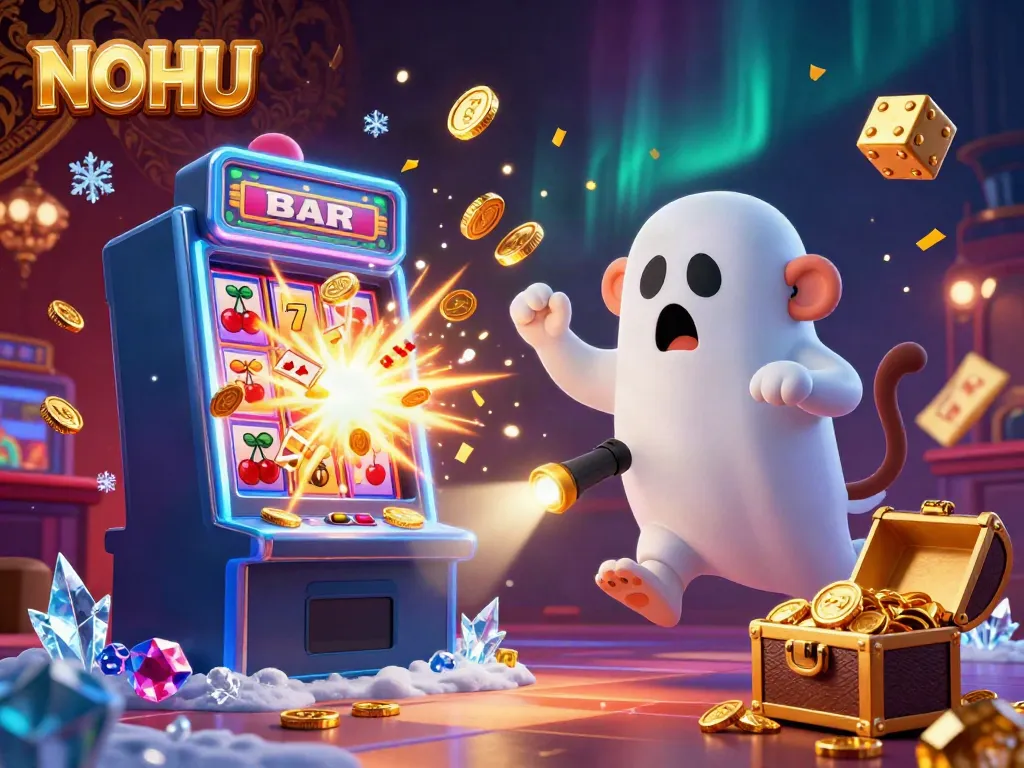Experience the excitement with NOHU's dynamic casino illustration showcasing a playful ghost monkey juggling golden items.