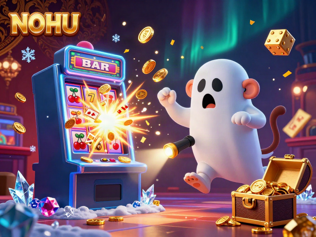 Experience the excitement with NOHU's dynamic casino illustration showcasing a playful ghost monkey juggling golden items.