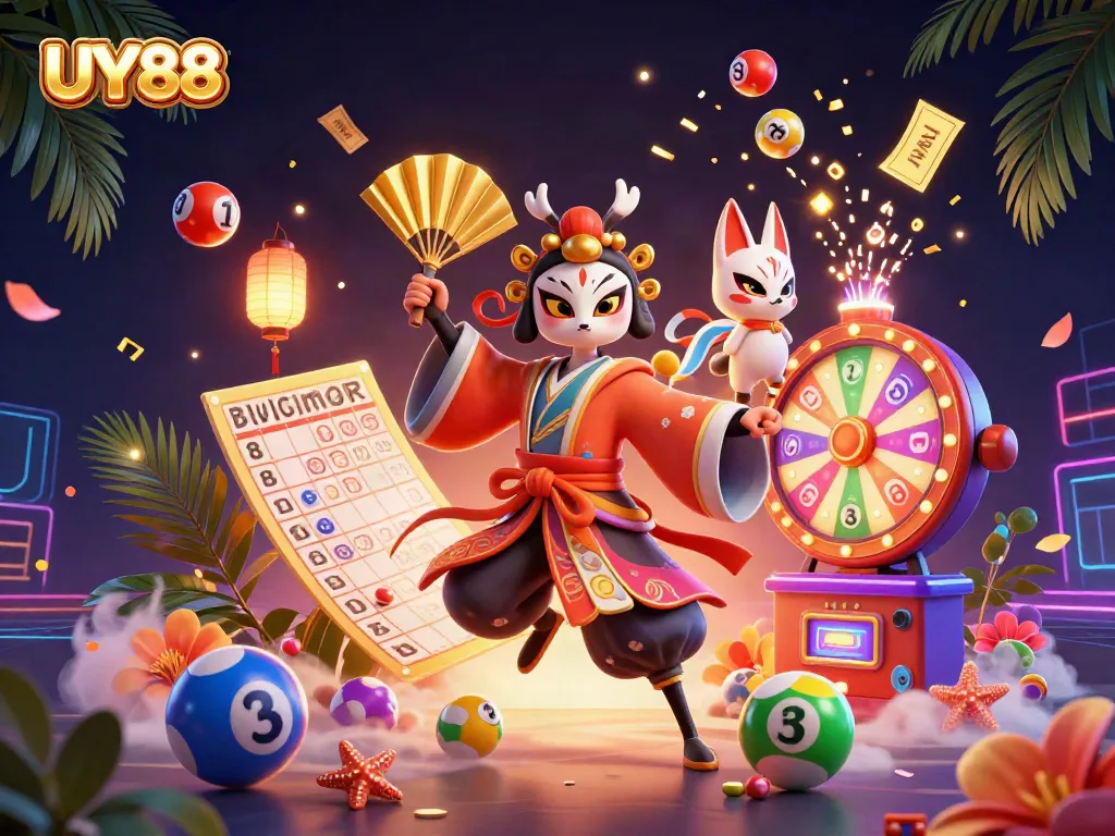 Experience thrilling prizes with UY88 alongside vibrant lottery elements and dynamic gaming characters.