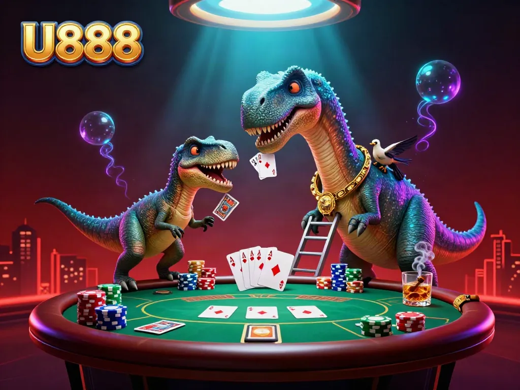 Experience casino excitement with U888 featuring vibrant characters, poker elements, and stunning effects.