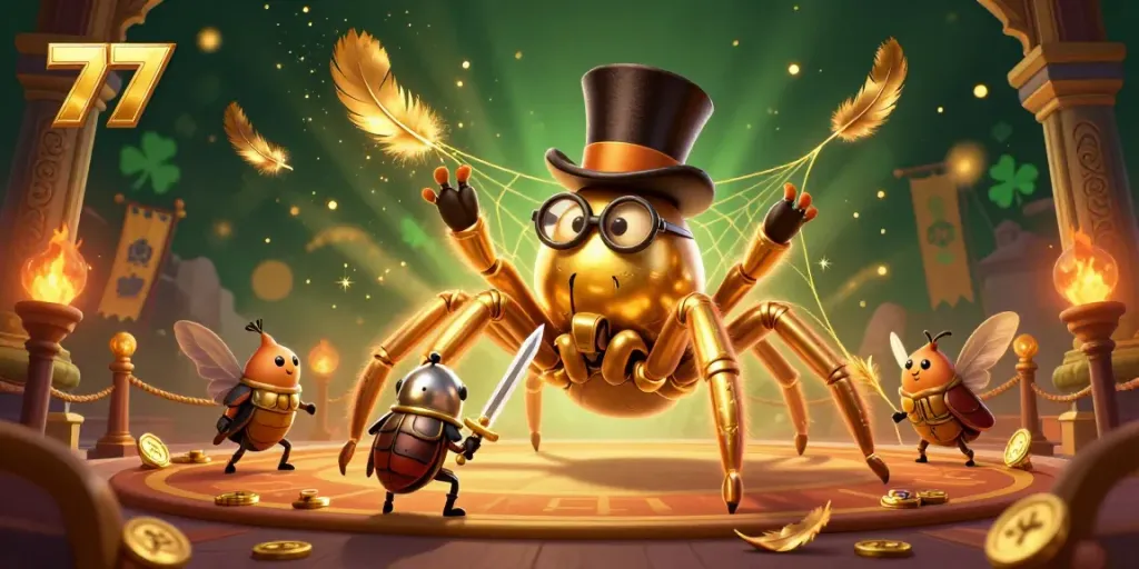 Join the exciting world of 77 with a giant golden tarantula and brave beetle knight in a vibrant casino.