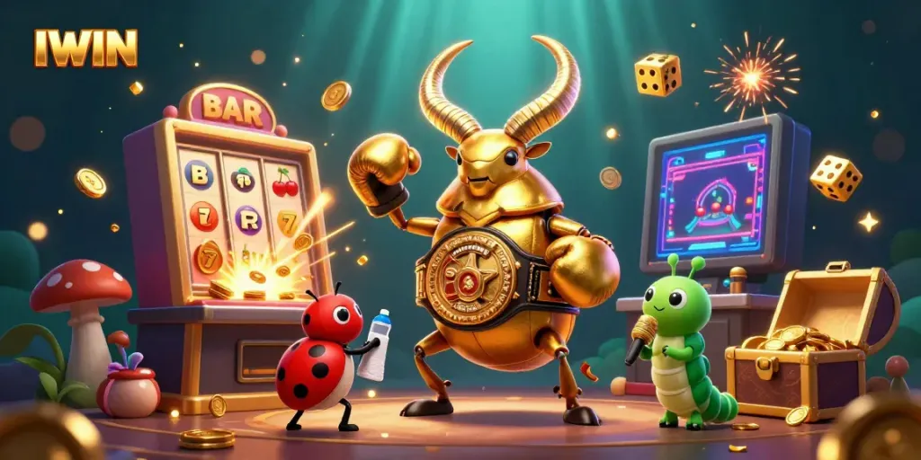 IWIN features a dazzling scene with colorful slot machine elements and dynamic casino characters