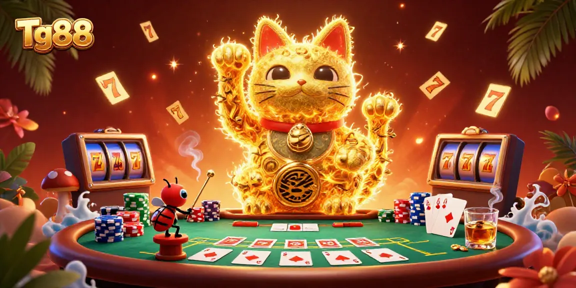 Tg88 showcases a vibrant 3D lucky cat scene with casino elements attracting players.