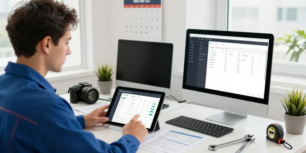 Plumbing Business Software displayed on a tablet in a modern workspace
