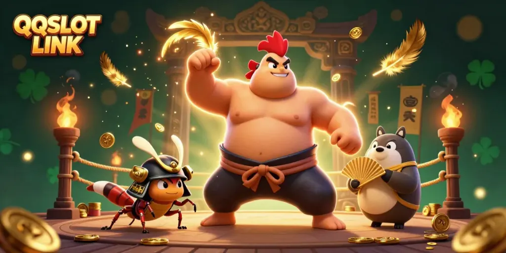 Engage in epic battles with the QQSLOT LINK in a dynamic casino showdown featuring powerful characters.
