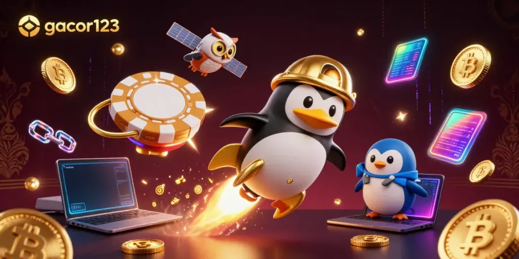 Experience the excitement of gacor123 as a golden penguin rockets to a casino station surrounded by neon crypto coins and elements.