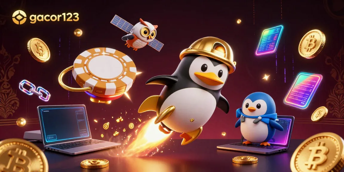 Experience the excitement of gacor123 as a golden penguin rockets to a casino station surrounded by neon crypto coins and elements.