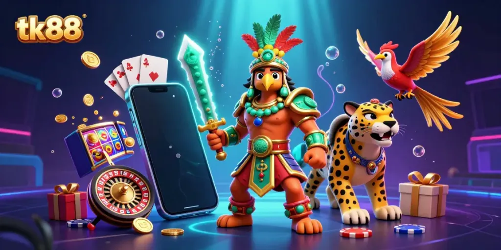 Engage with tk88's vibrant 3D casino scene featuring Aztec warriors and exciting gameplay elements.