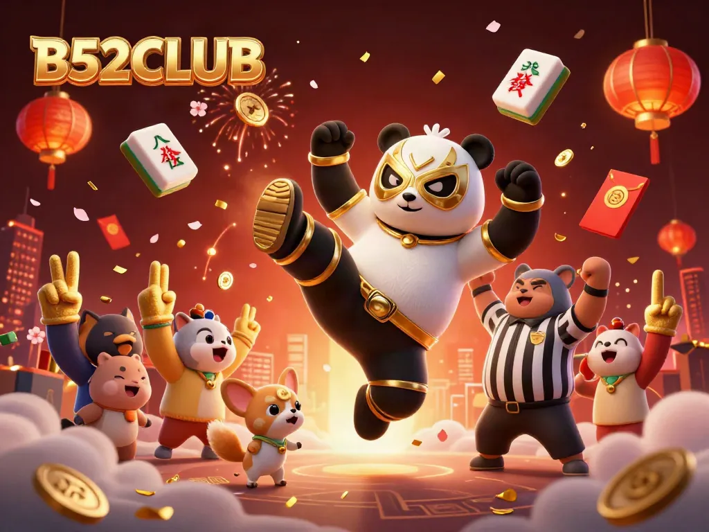 B52CLUB showcases a dynamic scene with a wrestling panda and cheering animal spectators in a lively casino atmosphere.