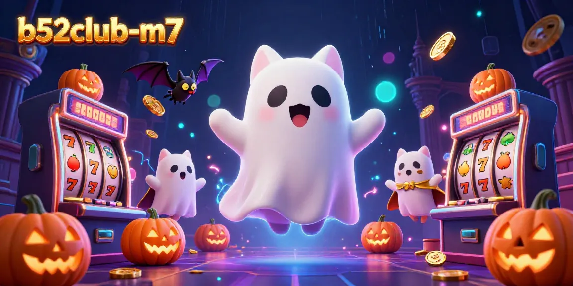 Spin and win at b52club-m7 with a ghost cat, jackpot reels, and glowing casino elements.