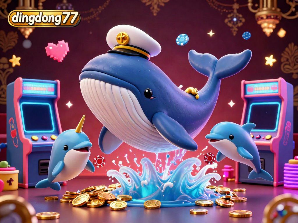 Dive into the excitement of dingdong77, where a playful whale, narwhal, and dolphins enhance your gambling adventure!