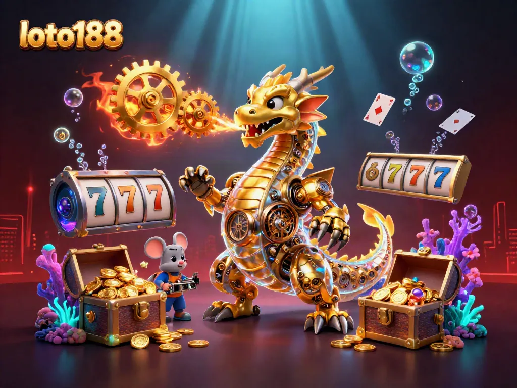 Experience thrilling loto188 gaming with a biomechanical golden dragon and vibrant casino elements.