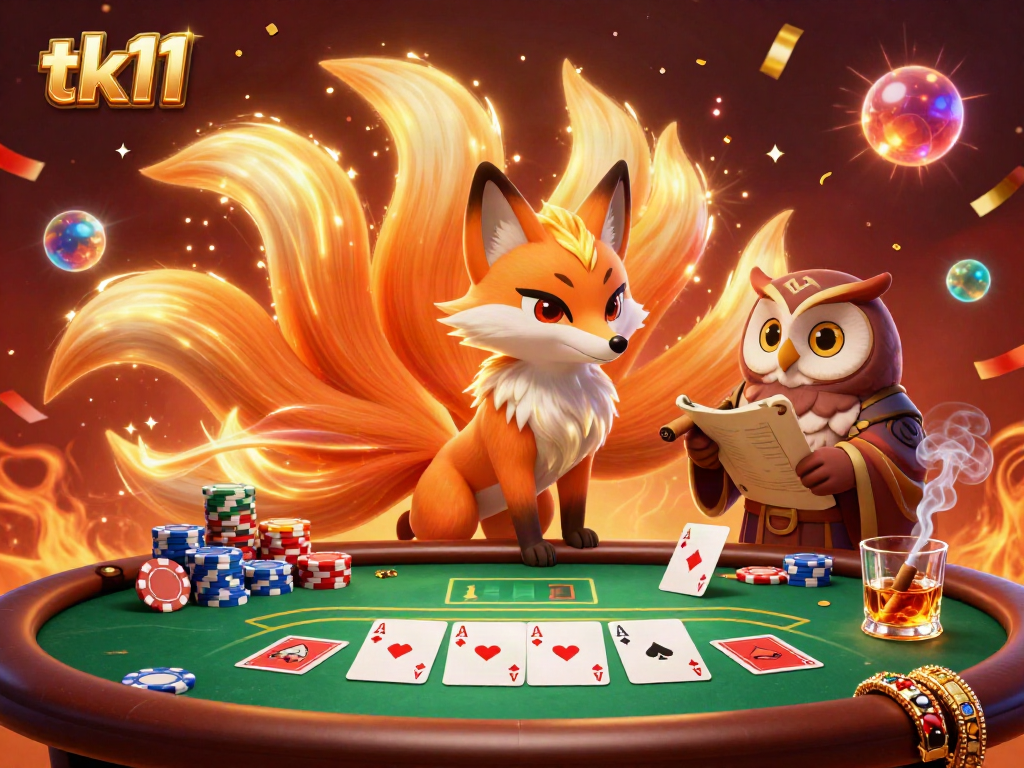 Engage with the vivid world of tk11 featuring a colorful nine-tailed fox spirit and poker action.
