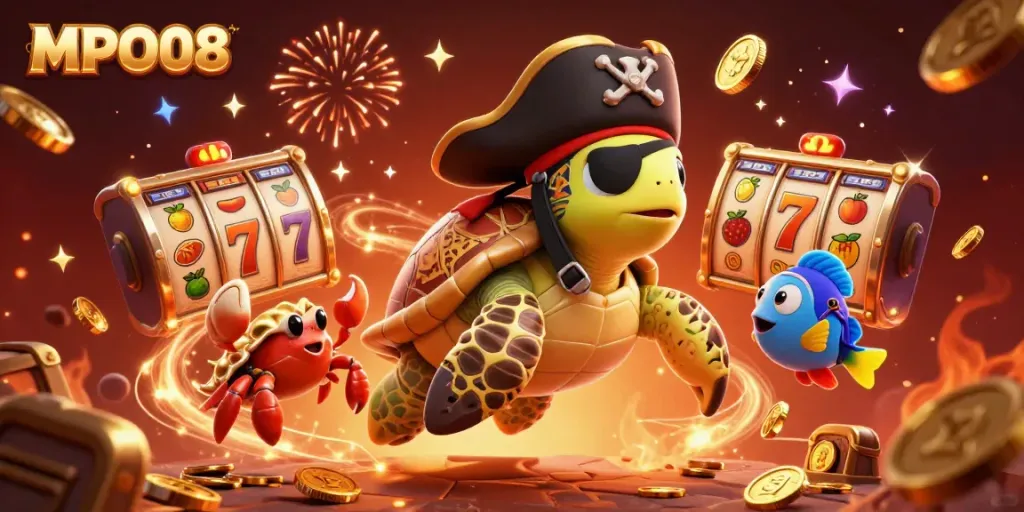 Engage with MPO08's lively casino scene featuring a cartoon pirate turtle, golden crab, and vibrant slot elements.