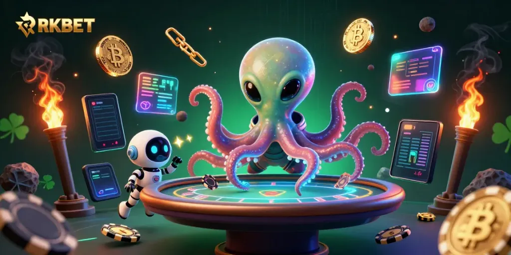 Experience exciting gameplay at RIKBET with a vibrant casino scene featuring an alien octopus and a robot.