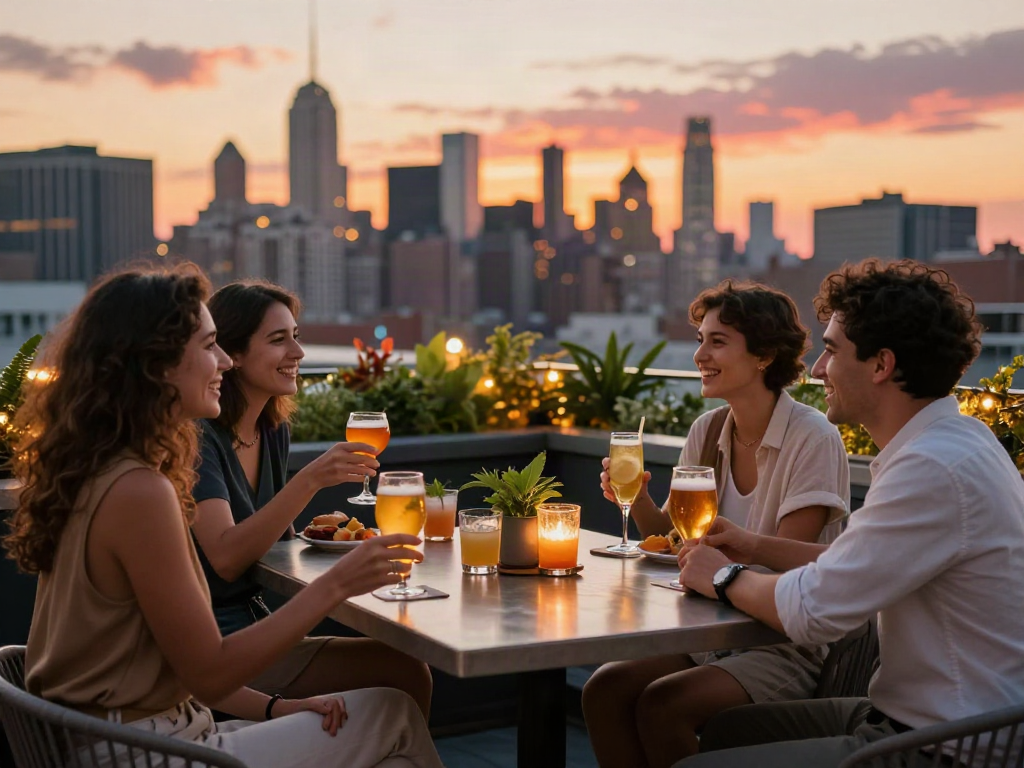 Friends enjoying cocktails at a trendy nohu rooftop bar with NYC skyline views during sunset.