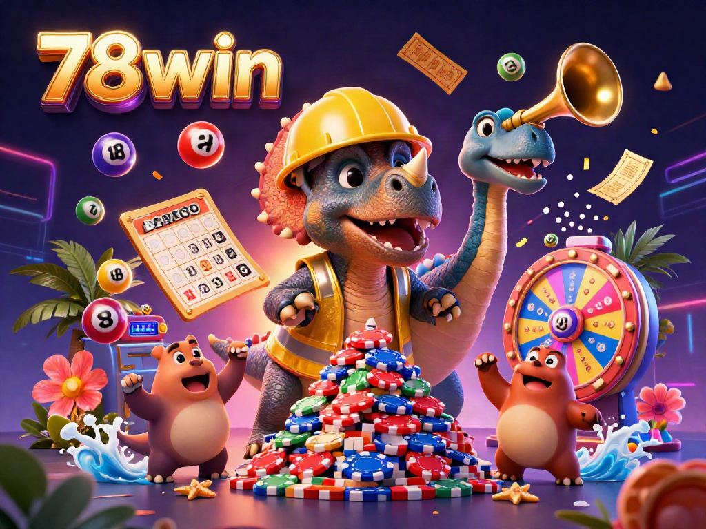78win features a triceratops building poker chip pyramid amidst colorful lottery balls and festive elements.