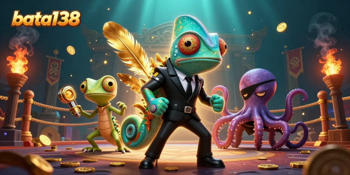 Engage with bata138's vibrant gaming scene featuring a chameleon agent and dynamic casino elements.