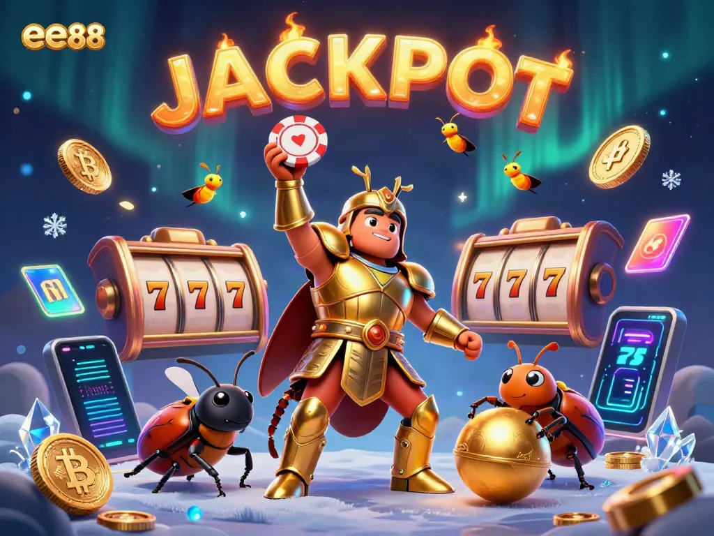 Experience the excitement of ee88 with a cartoon hercules beetle celebrating a jackpot victory!