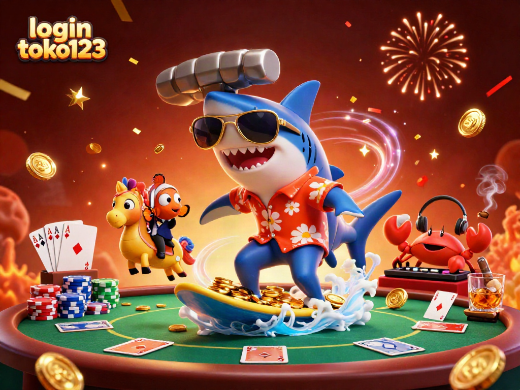 Experience the thrill of login toko123 with a colorful 3D casino scene featuring a hammer-head shark and friends.