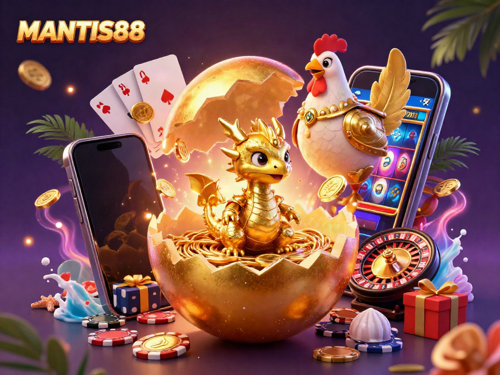 Experience MANTIS88's exhilarating gaming world with a golden dragon surrounded by vibrant casino elements.