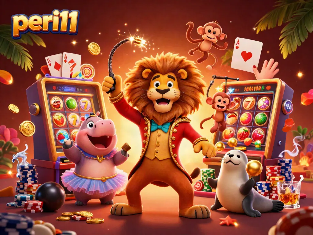 Experience thrilling gaming with peri11 at a vibrant circus-themed casino scene, showcasing joyful characters and a jackpot.