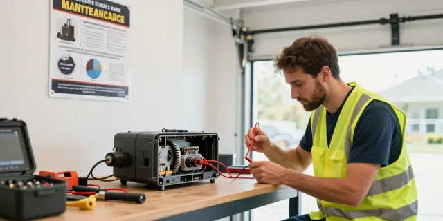 Technician performing garage door opener repair near me in a well-lit home garage.