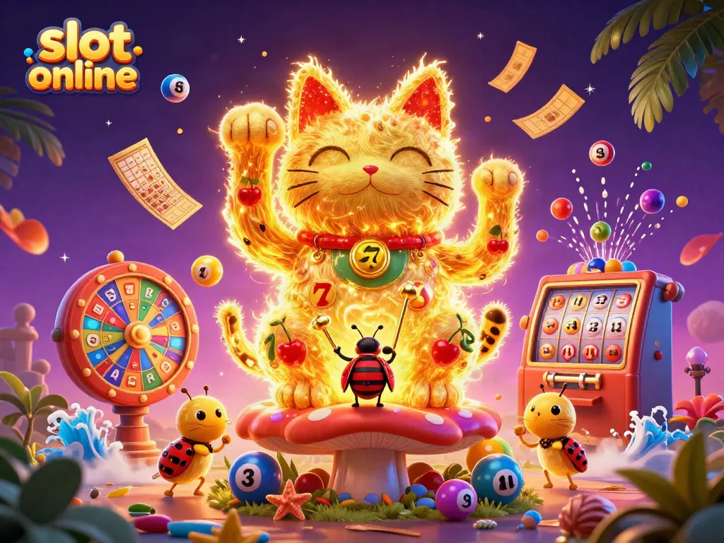 Engage with a vibrant scene of the lucky cat and casino symbols showcasing excitement in online slot games.