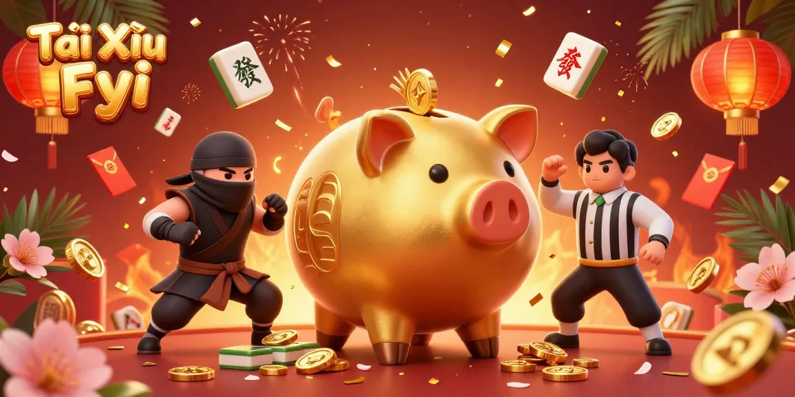 Tài Xỉu Fyi showcases an entertaining 3D scene with a piggy bank sumo wrestler and dynamic casino elements.