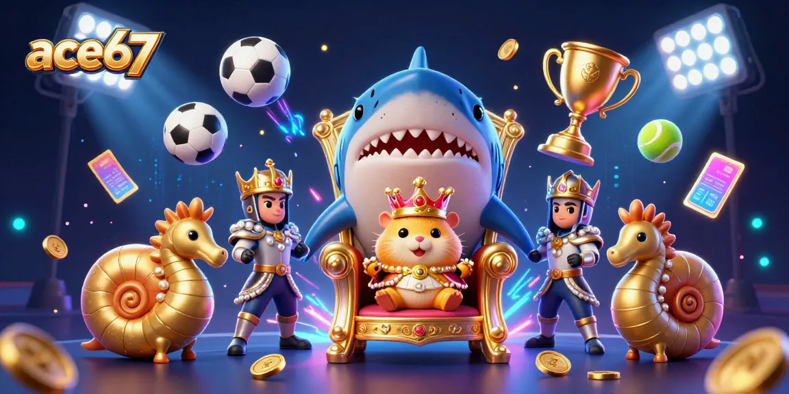 Experience the excitement of ace67 with a vibrant illustration of a hamster king in a casino throne, surrounded by dynamic sports elements.