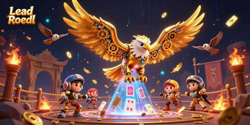 Lead Roedl showcases a surreal scene with a cybernetic eagle and holographic playing cards in a dynamic casino setting.
