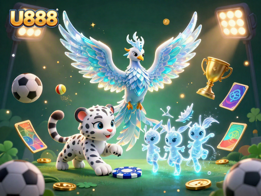Engage with U888 casino through a mystical 3D illustration of an ice phoenix, showcasing gaming elements.