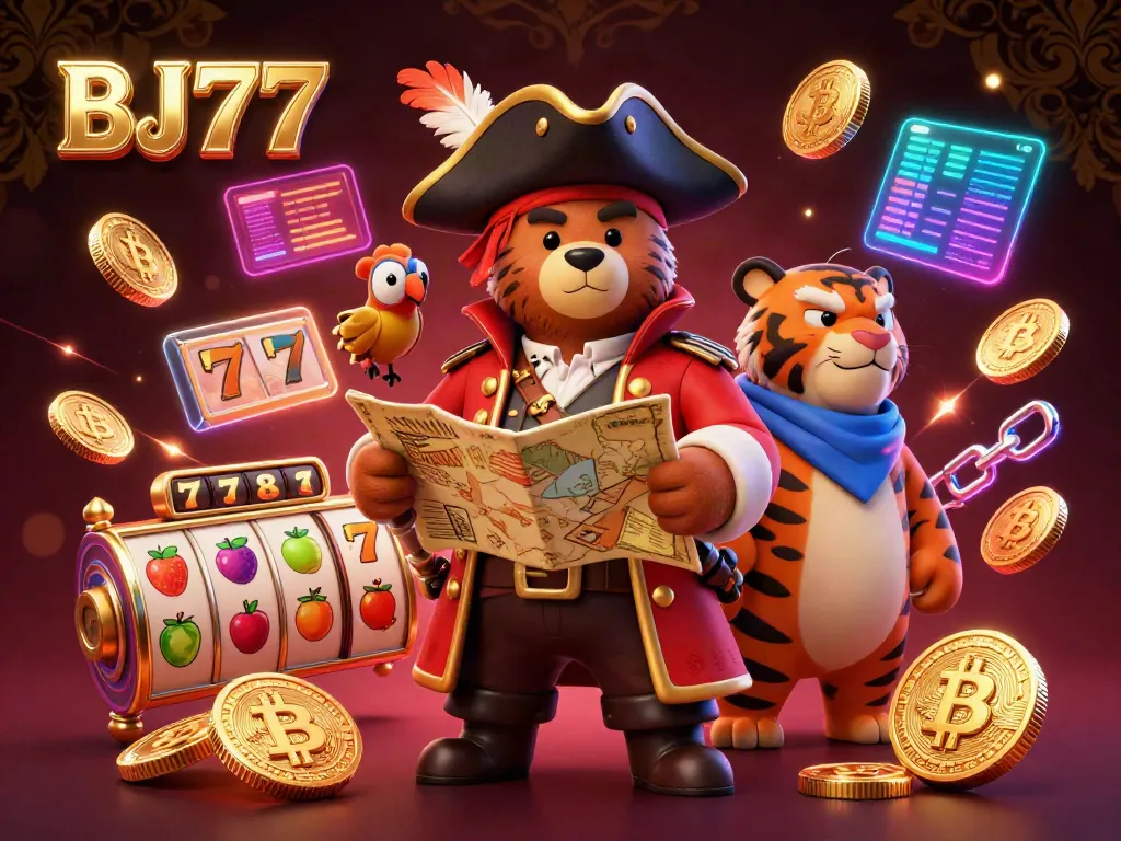 Spin the reels with BJ77 amidst vibrant 3D casino elements featuring a pirate bear, tiger, and treasures.