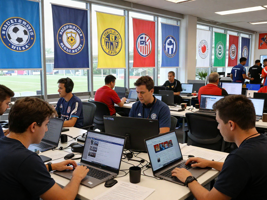 ข่าวซื้อขายนักเตะ updates in a lively newsroom with sports journalists analyzing player transfers and signings.