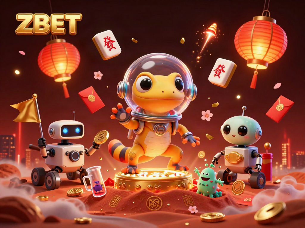 ZBET showcases an adventurous Martian gecko in a casino scene celebrating with vibrant gaming elements.