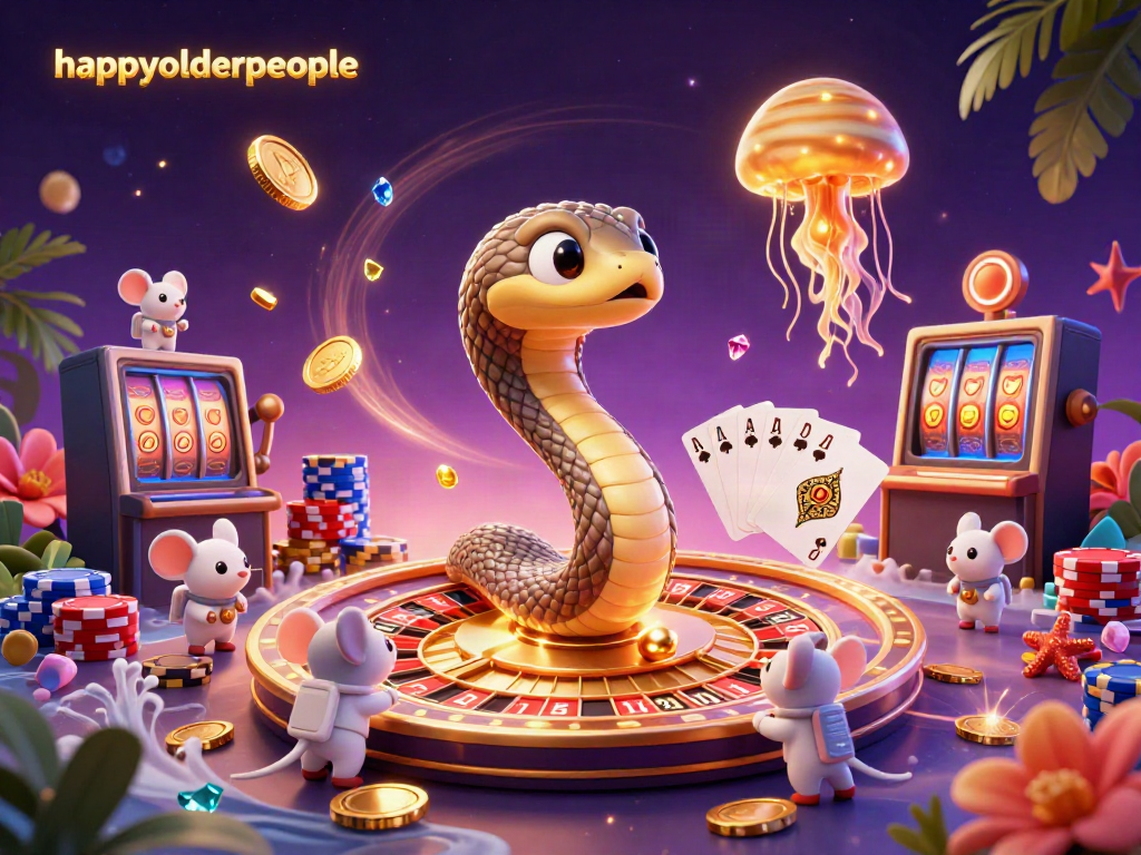 HappyOlderPeople engaging in vibrant casino-themed activities with colorful elements and characters.