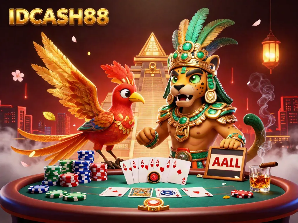 Join the excitement at IDCASH88 casino with a vibrant Mayan-themed poker scene illustrating the thrill of big wins.