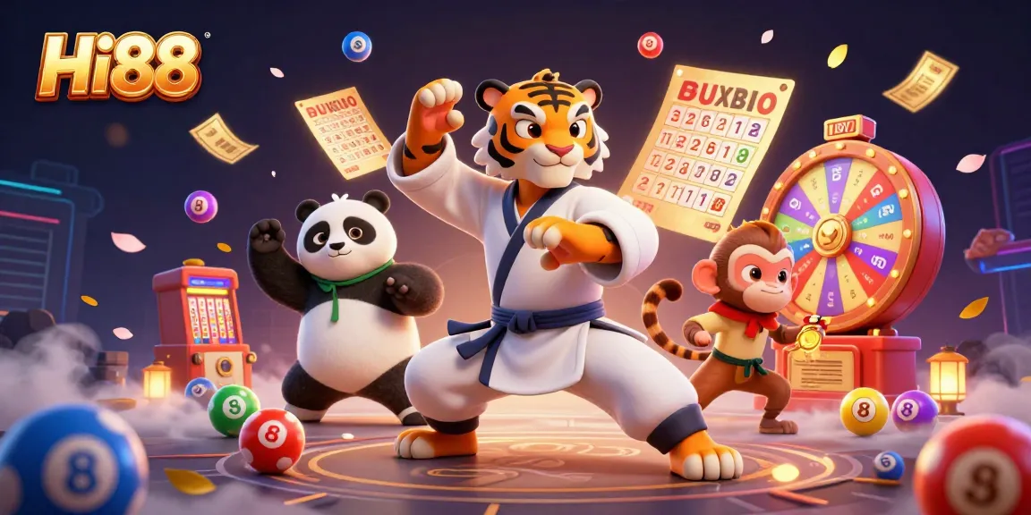 Experience energizing action with Hi88 as a kung fu tiger and panda disciple celebrate winning moments amidst dynamic lottery elements.