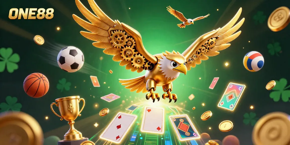 Experience the thrilling atmosphere of ONE88 as a cybernetic golden eagle soars above holographic cards showering down, surrounded by dynamic sports elements.
