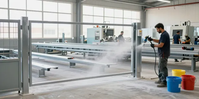 Technicians applying powder coating to a metal gate in a modern Fujairah workshop.