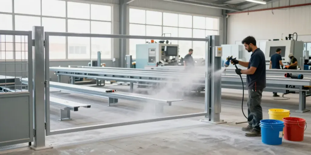 Technicians applying powder coating to a metal gate in a modern Fujairah workshop.