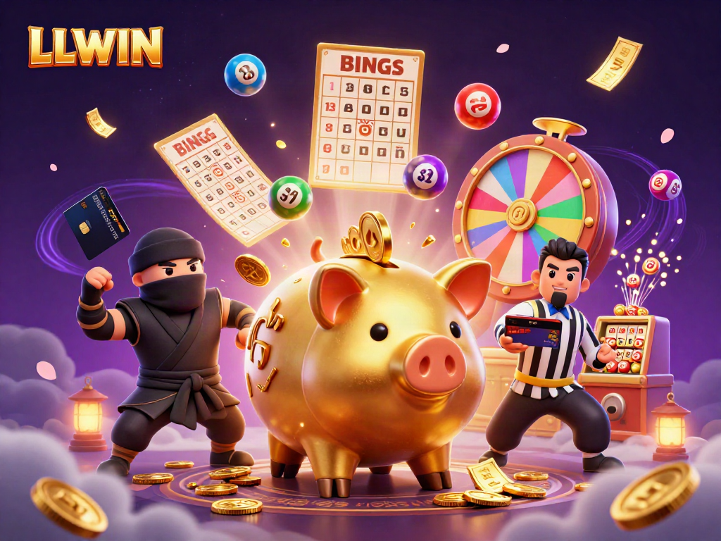 LLWIN features a golden piggy bank sumo wrestler with coins, lively gambling elements surround him.