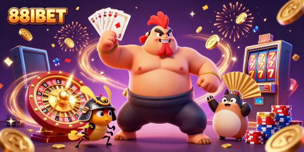 Experience thrilling gameplay with the dynamic 88IBET characters amid cascading coins and fireworks.
