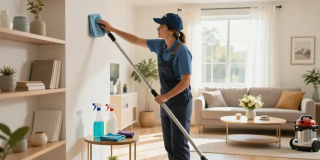 House cleaning Melbourne scene with a professional cleaner dusting surfaces in a bright, modern living room.