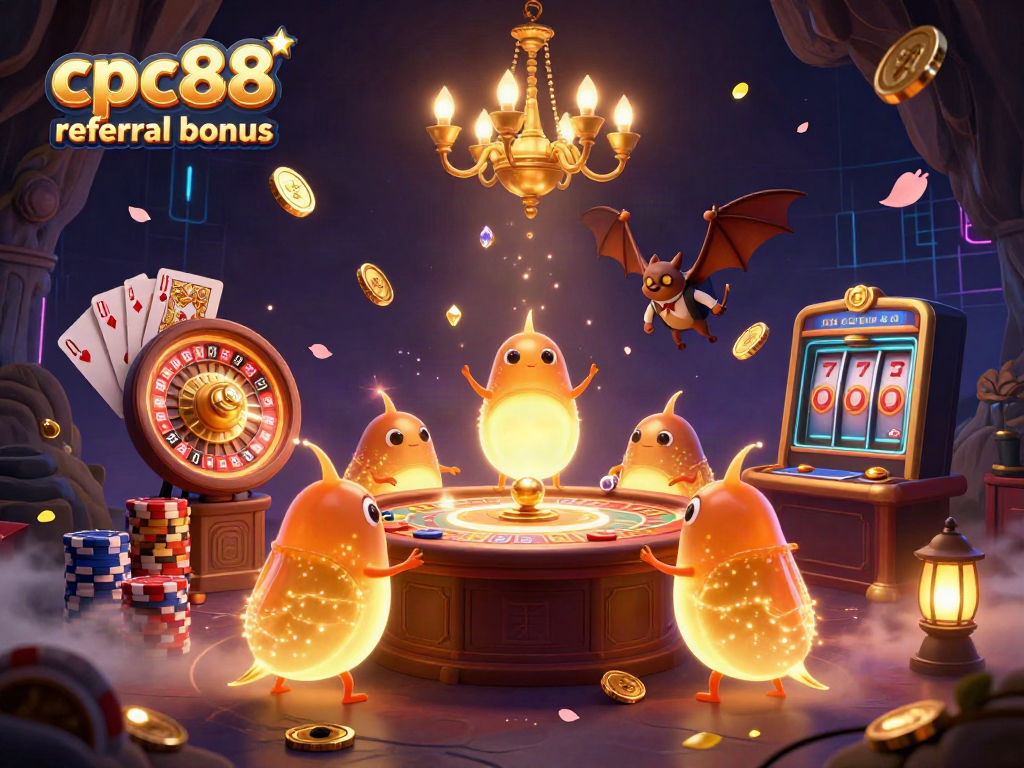 Engage with the exciting cpc88 referral bonus through a vibrant scene of a cave casino lit by glowworms and a bat dealer.