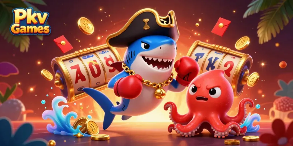 Engage in lively Pkv Games action featuring a vibrant, cartoon pirate scene with enchanting casino elements.